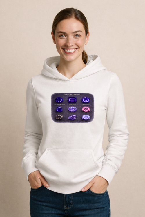 Amethyst Varieties Chart Women's Hoodie | Purple Gemstone Types Graphic Sweater