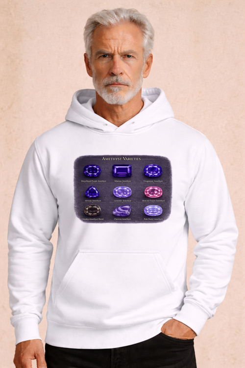 Amethyst Varieties Chart Men's Hoodie | Purple Gemstone Types Graphic Sweater