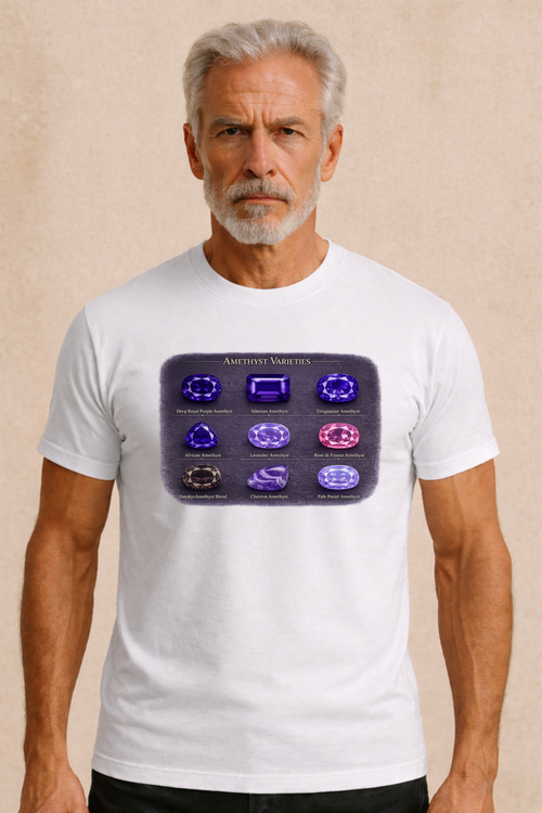 Amethyst Varieties Chart Men's T-Shirt | Purple Gemstone Types Graphic Tee